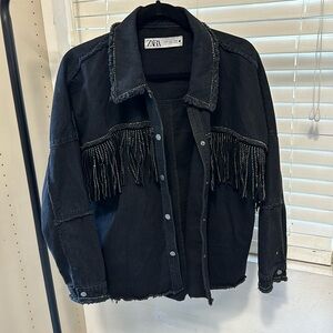 Zara Black Rhinestone Fringe & Detail Raw Edge Jean Jacket